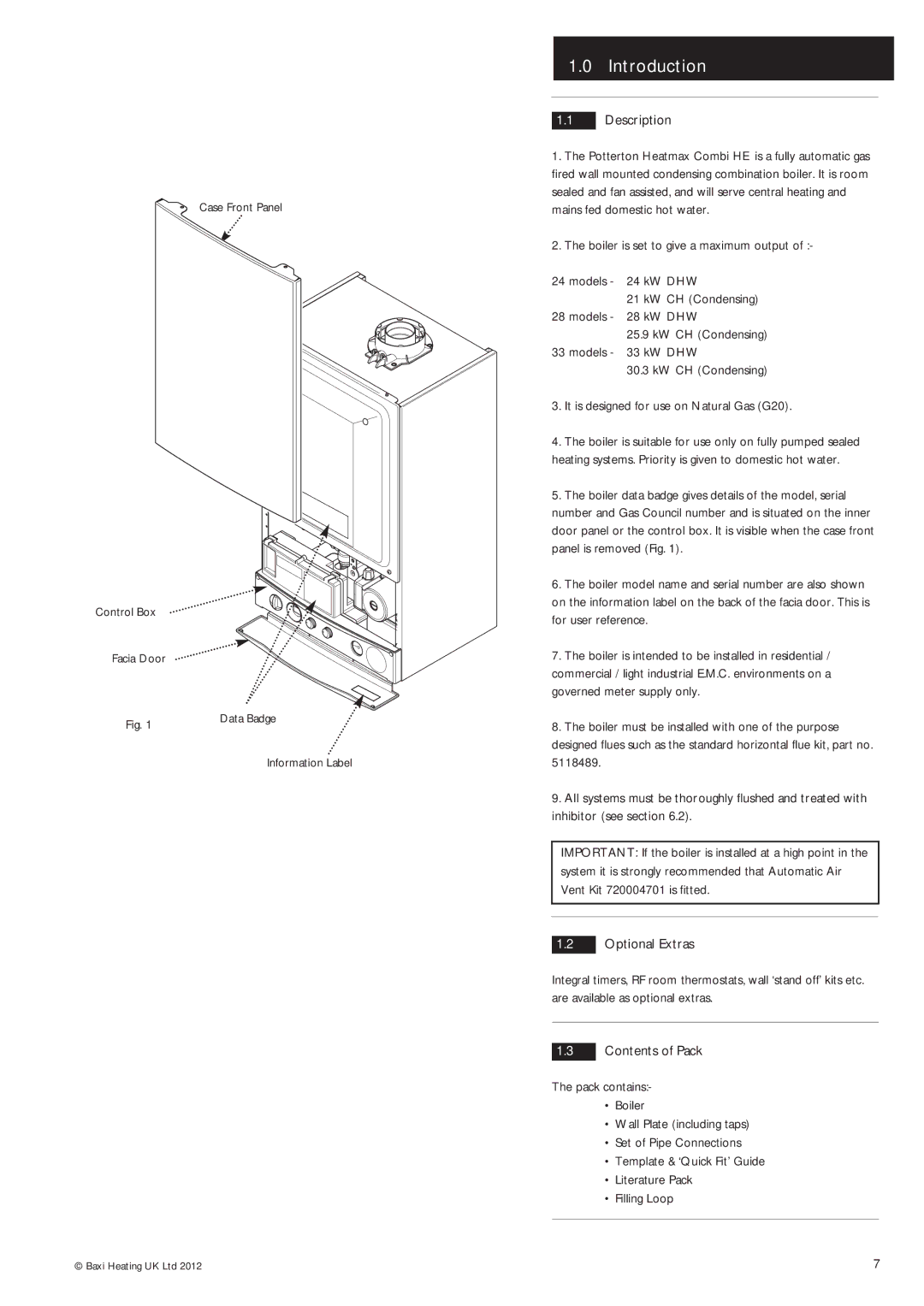 Baxi Potterton Condensing Combination Boiler manual Introduction, Description, Optional Extras, Contents of Pack 