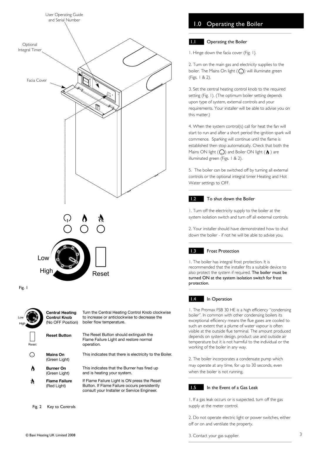 Baxi Potterton FSB 30 HE warranty Operating the Boiler, Low HighReset 