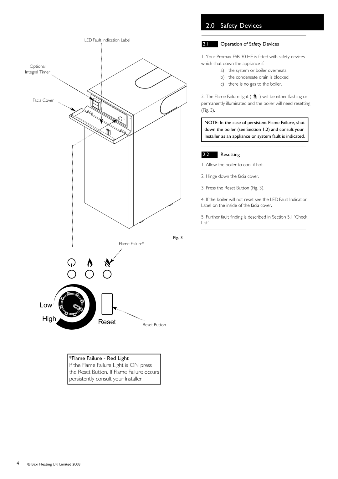 Baxi Potterton FSB 30 HE warranty Low High Reset, Flame Failure Red Light, Operation of Safety Devices, Resetting 