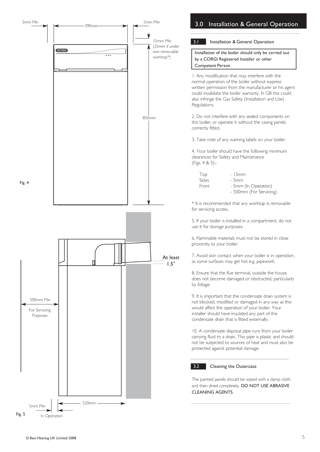 Baxi Potterton FSB 30 HE warranty Installation & General Operation, Figs Top 15mm Sides Front 5mm In Operation 