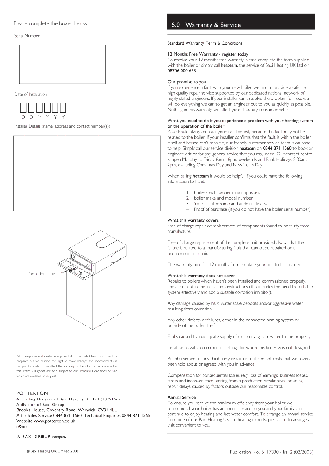 Baxi Potterton FSB 30 HE warranty Warranty & Service, Please complete the boxes below, Publication No Iss 02/2008 