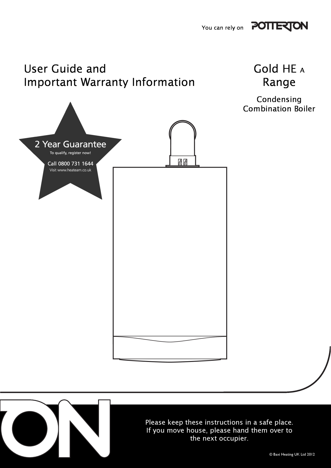 Baxi Potterton G.C.No 47 393 20 warranty User Guide and, Gold HE A, Important Warranty Information, Range, Condensing 