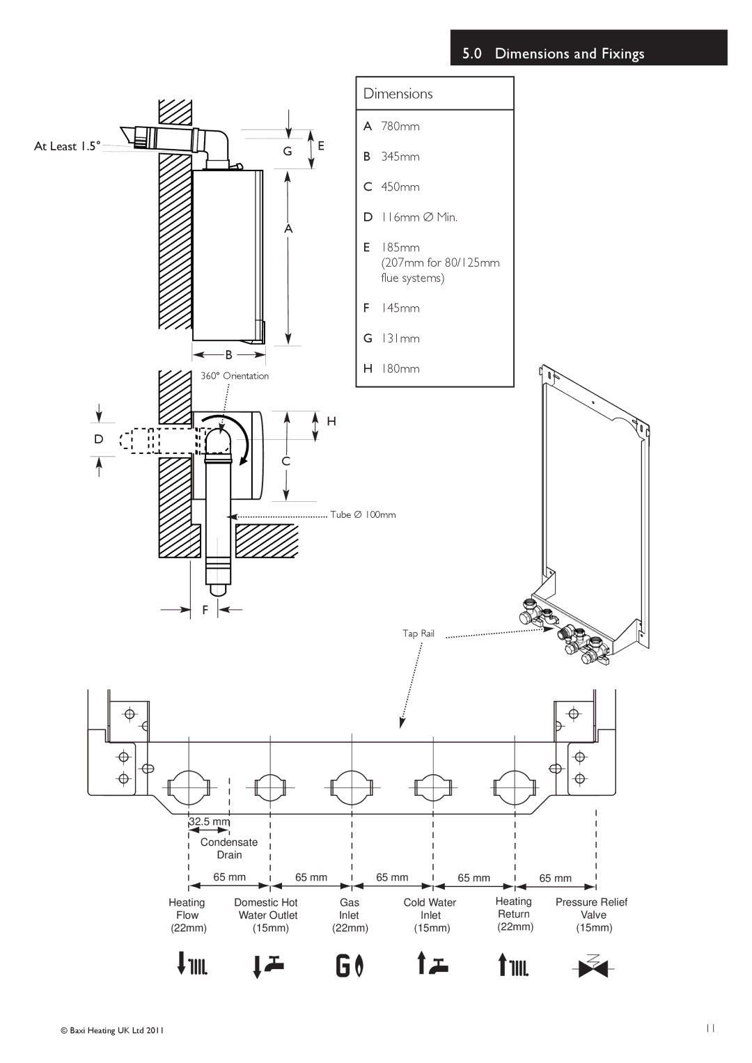 Baxi Potterton G.C.No 47 393 22 manual Dimensions and Fixings, Orientation, Tap Rail, mm Condensate Drain 65 mm, 22mm 15mm 