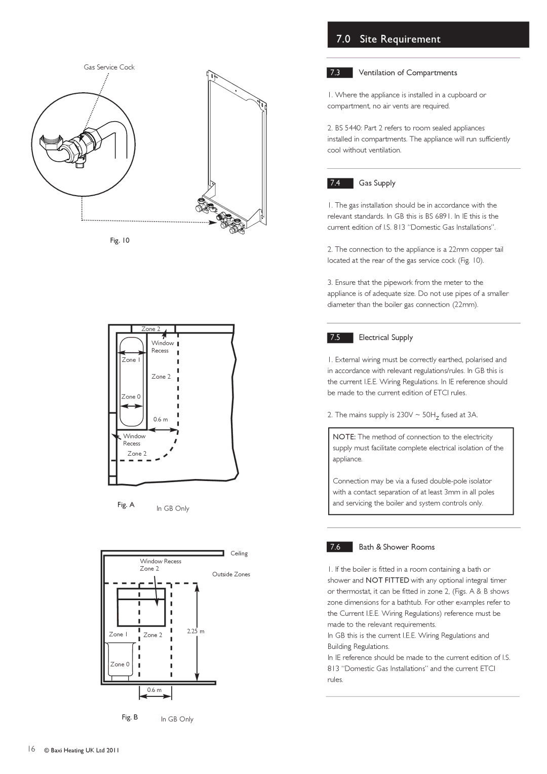 Baxi Potterton G.C.No 47 393 21 manual Site Requirement, Ventilation of Compartments, Gas Supply, Electrical Supply 