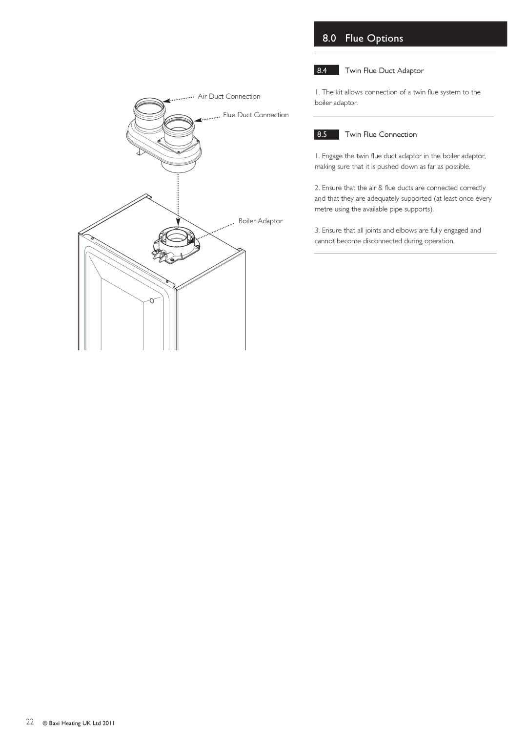 Baxi Potterton G.C.No 47 393 21, G.C.No 47 393 23, G.C.No 47 393 22 manual Twin Flue Duct Adaptor, Twin Flue Connection 