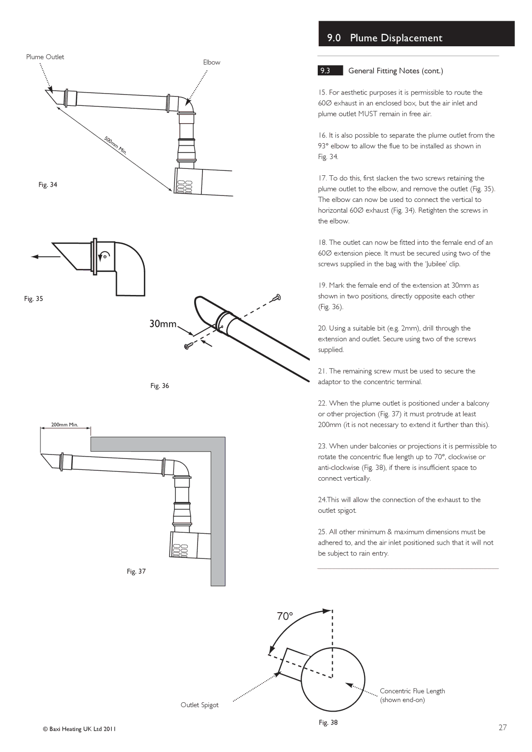 Baxi Potterton G.C.No 47 393 23 Plume Outlet Elbow, General Fitting Notes, Plume outlet Must remain in free air, Supplied 