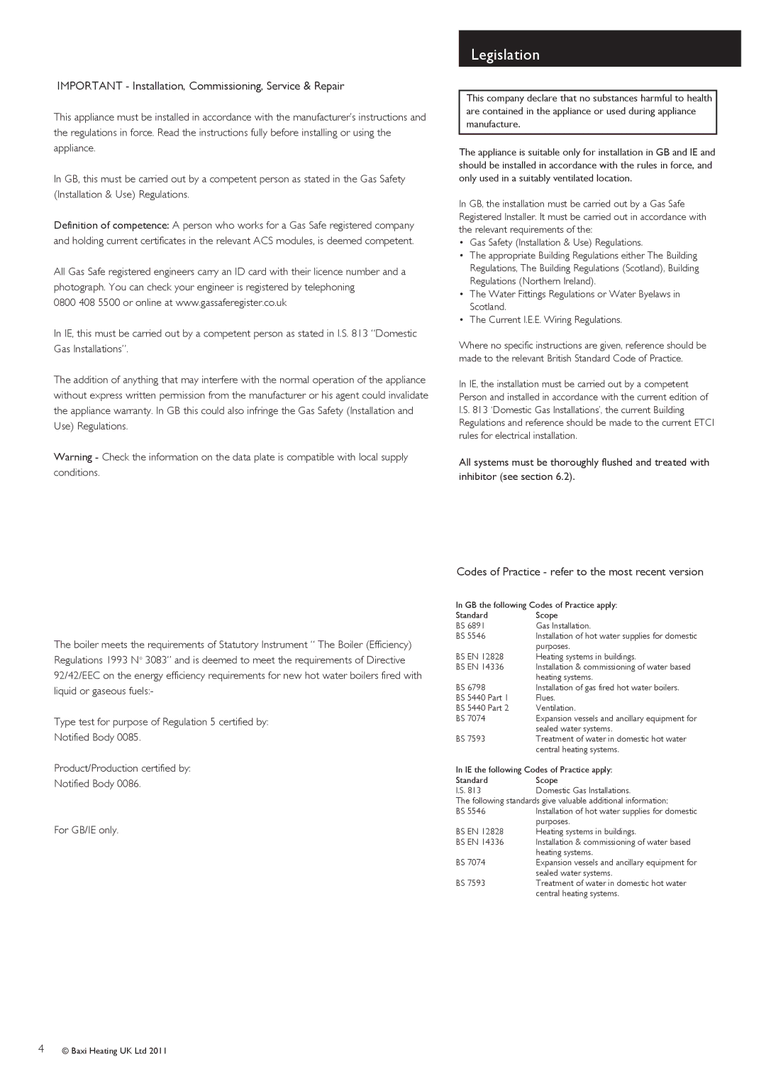 Baxi Potterton G.C.No 47 393 21, G.C.No 47 393 23 Legislation, Important Installation, Commissioning, Service & Repair 