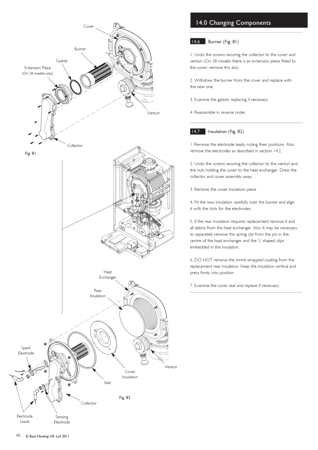 Baxi Potterton G.C.No 47 393 21, G.C.No 47 393 23 manual Burner Fig, Insulation Fig, Burner Gasket Extension Piece 