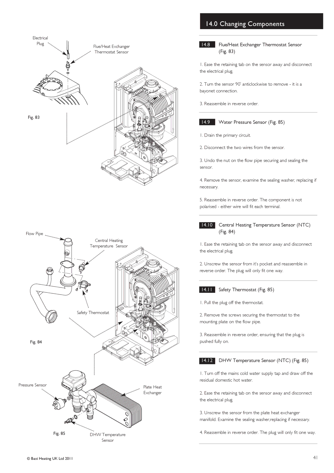 Baxi Potterton G.C.No 47 393 22, G.C.No 47 393 23 Flue/Heat Exchanger Thermostat Sensor Fig, Water Pressure Sensor Fig 