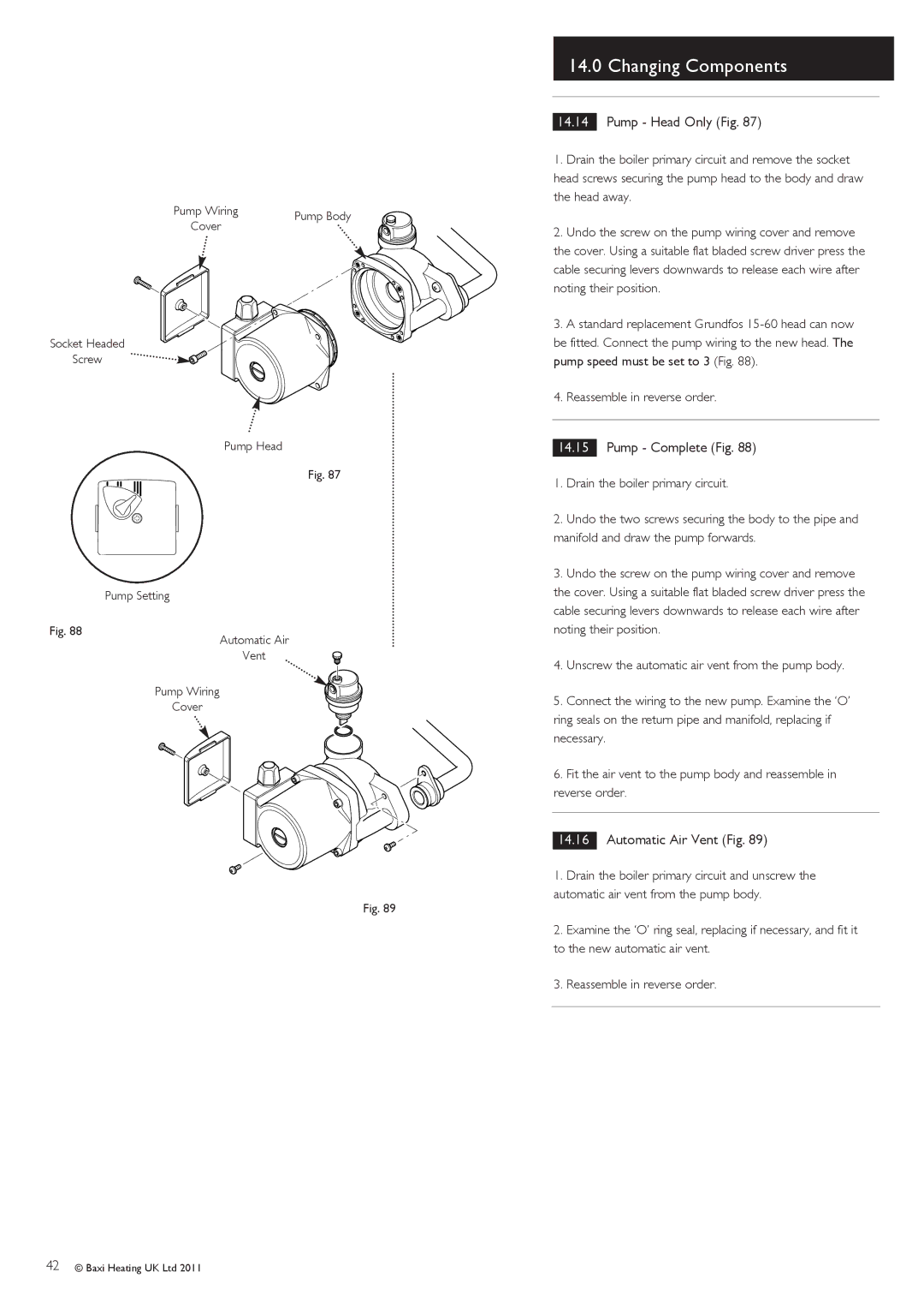 Baxi Potterton G.C.No 47 393 23, G.C.No 47 393 21 manual Pump Head Only Fig, Pump Complete Fig, Automatic Air Vent Fig 