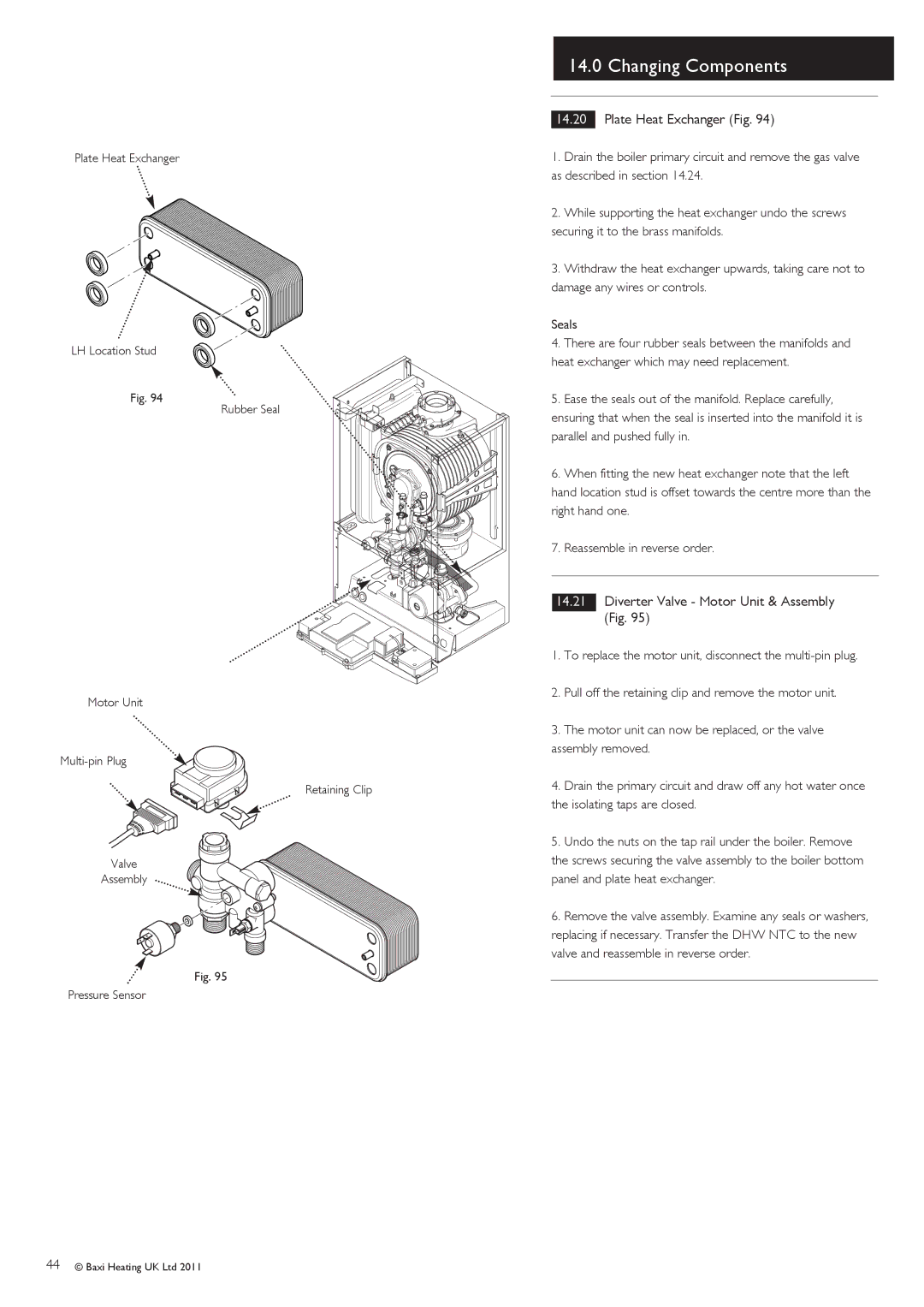 Baxi Potterton G.C.No 47 393 22, G.C.No 47 393 23 manual Plate Heat Exchanger Fig, Diverter Valve Motor Unit & Assembly Fig 