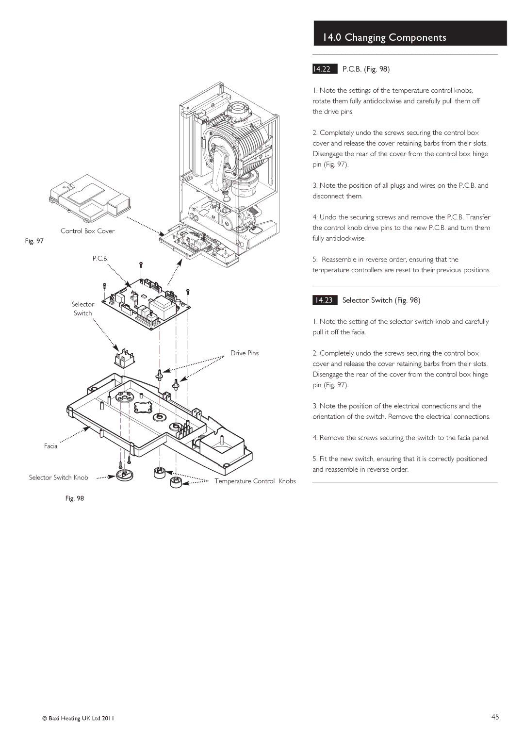 Baxi Potterton G.C.No 47 393 23, G.C.No 47 393 21, G.C.No 47 393 22 manual 14.22 P.C.B. Fig, Selector Switch Fig 