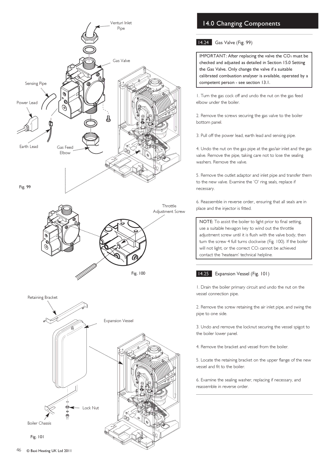 Baxi Potterton G.C.No 47 393 21, G.C.No 47 393 23 manual Gas Valve Fig, Expansion Vessel Fig, Throttle Adjustment Screw 