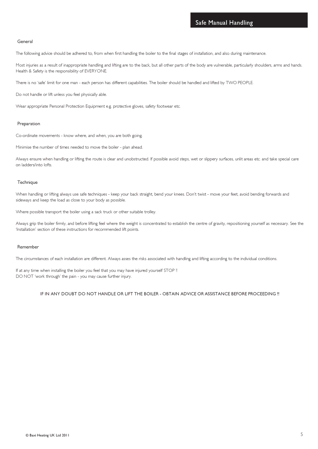 Baxi Potterton G.C.No 47 393 22, G.C.No 47 393 23 manual Safe Manual Handling, General, Preparation, Technique, Remember 