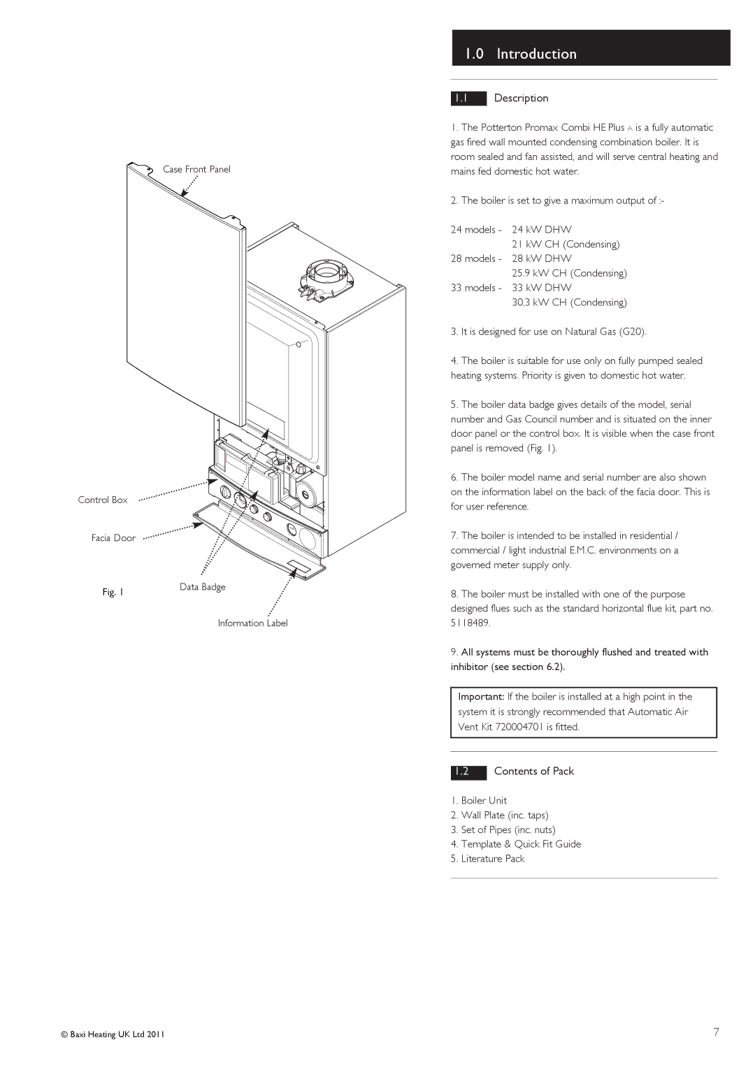 Baxi Potterton G.C.No 47 393 21, G.C.No 47 393 23, G.C.No 47 393 22 manual Introduction, Description, Contents of Pack 