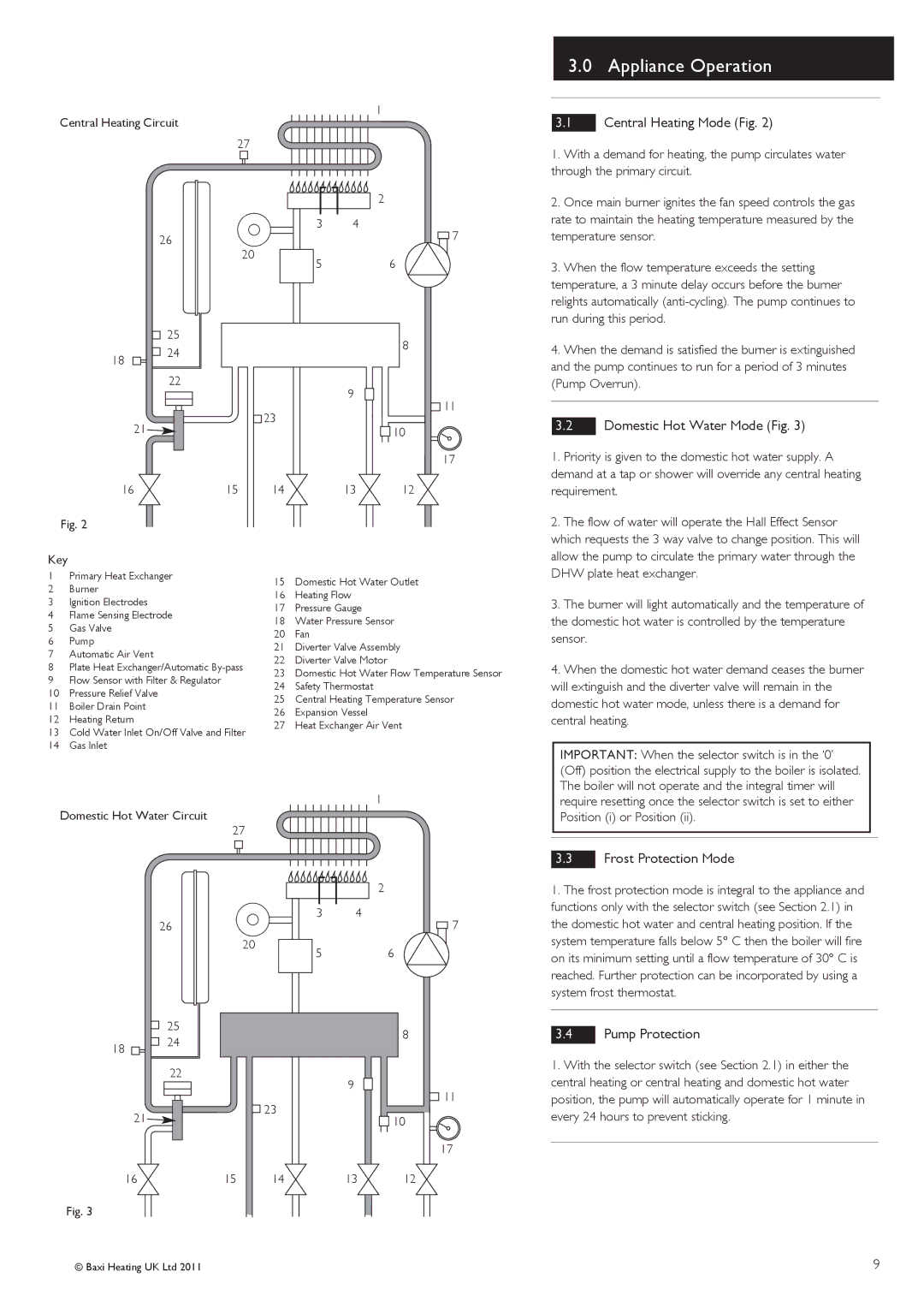 Baxi Potterton G.C.No 47 393 23, G.C.No 47 393 21 manual Appliance Operation, Frost Protection Mode, Pump Protection 