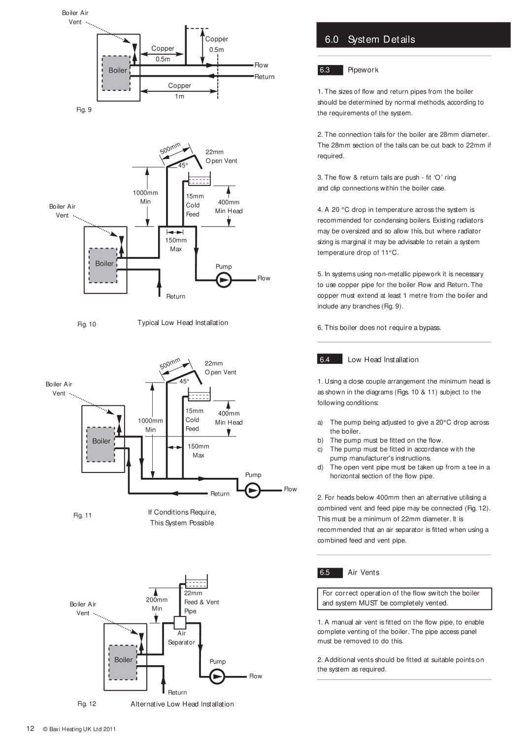 Baxi Potterton Gold FSB 30 HE manual Pipework, Low Head Installation, Air Vents 