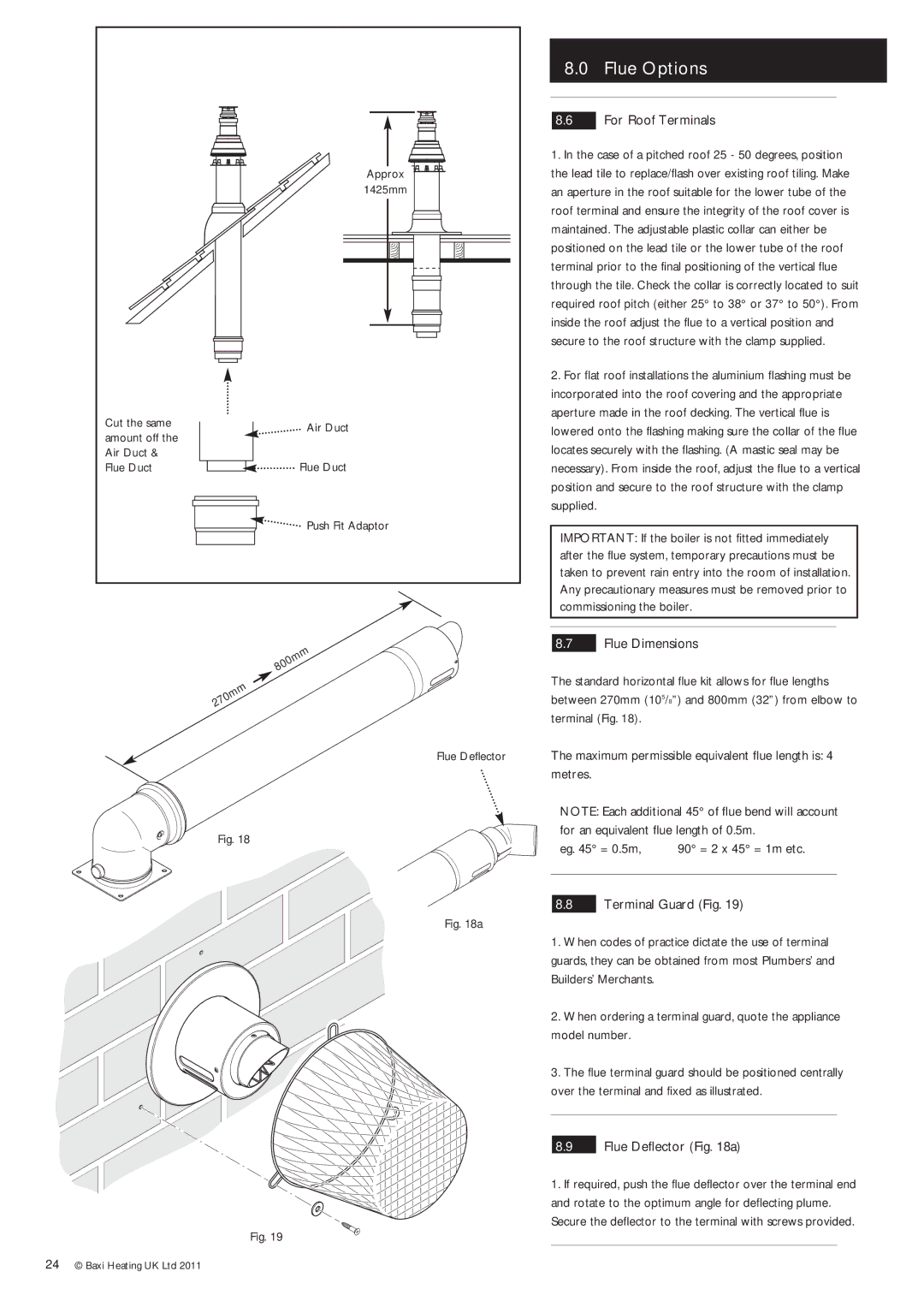 Baxi Potterton Gold FSB 30 HE manual For Roof Terminals, Flue Dimensions, Terminal Guard Fig, Flue Deflector a 