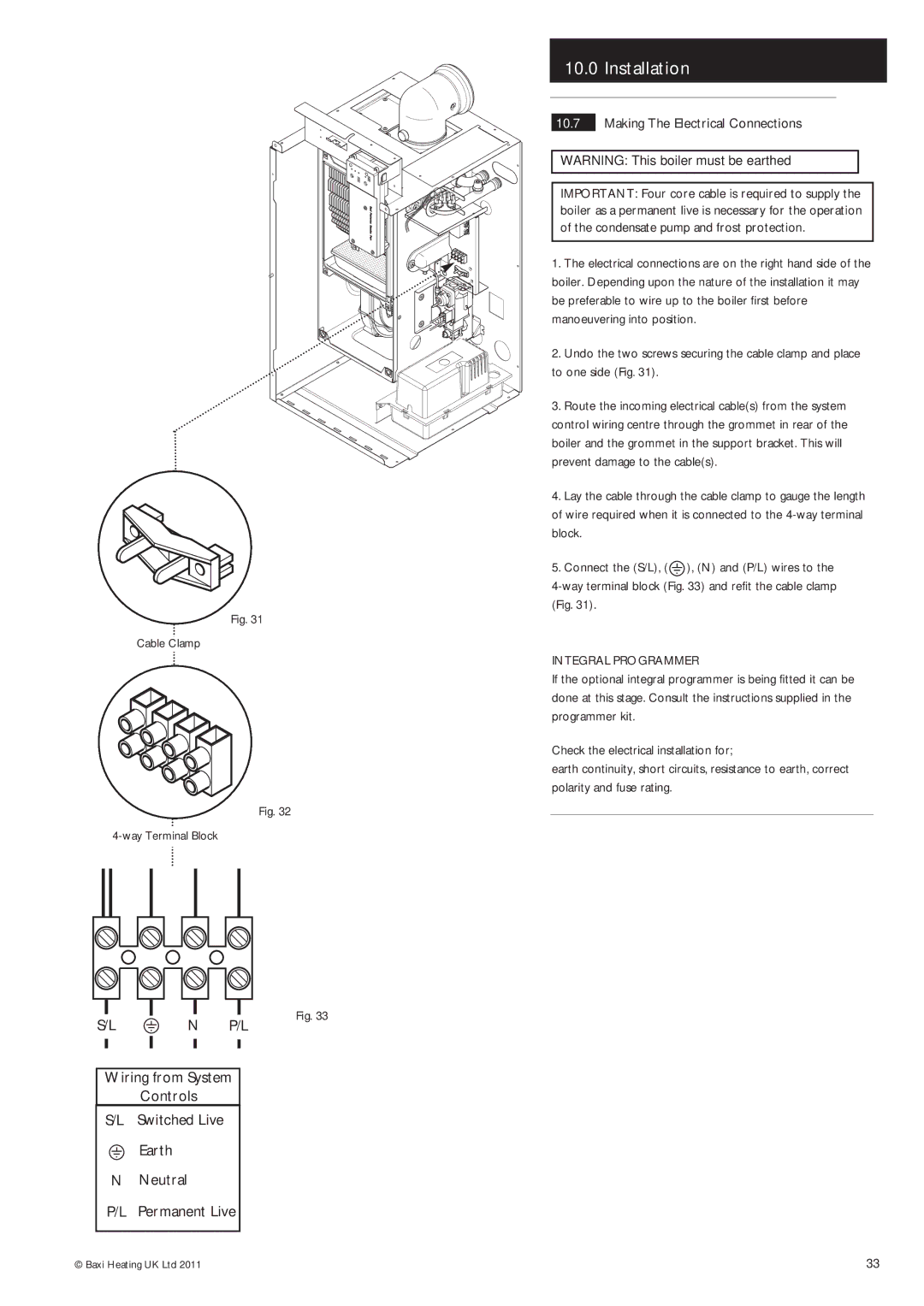 Baxi Potterton Gold FSB 30 HE manual Making The Electrical Connections, Cable Clamp Way Terminal Block, Integral Programmer 