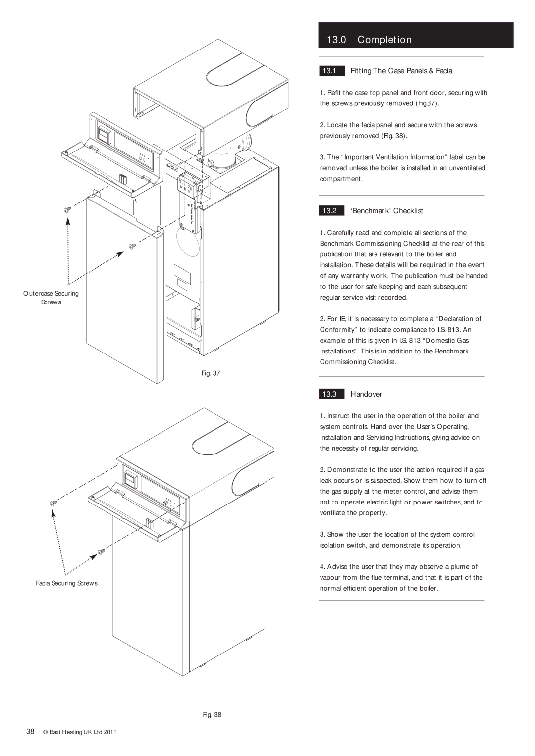 Baxi Potterton Gold FSB 30 HE manual Completion, Fitting The Case Panels & Facia, 13.2 ‘Benchmark’ Checklist, Handover 