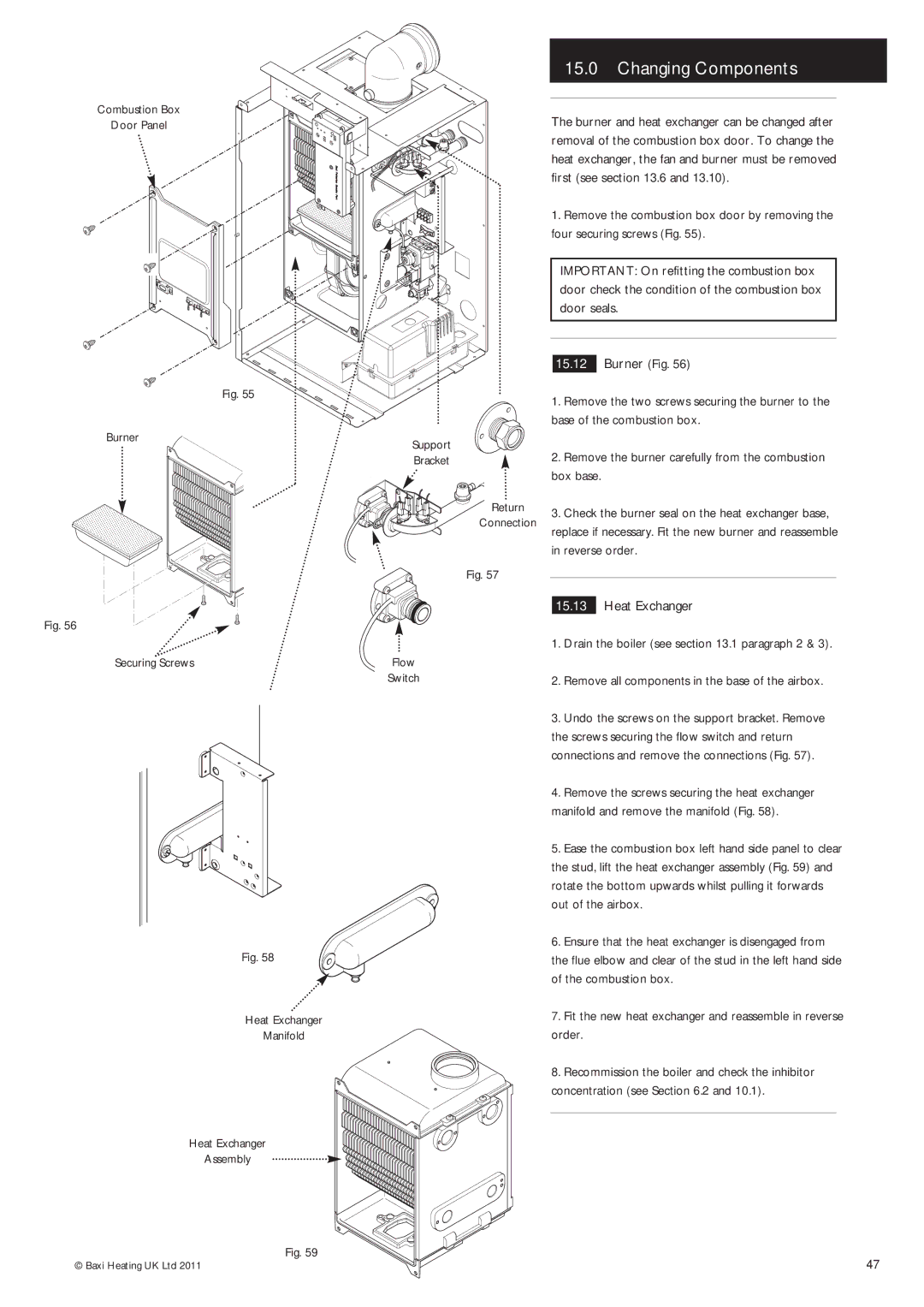 Baxi Potterton Gold FSB 30 HE manual Heat Exchanger, Combustion Box Door Panel Burner Support Bracket 