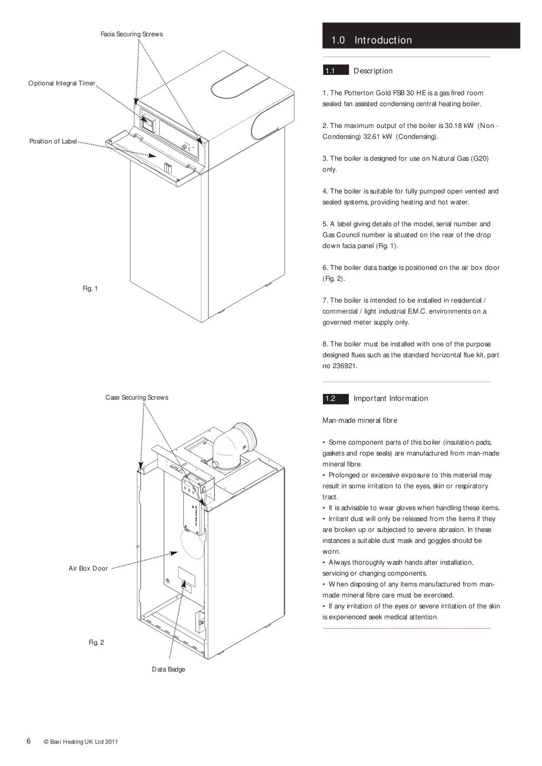 Baxi Potterton Gold FSB 30 HE manual Introduction, Description, Important Information 