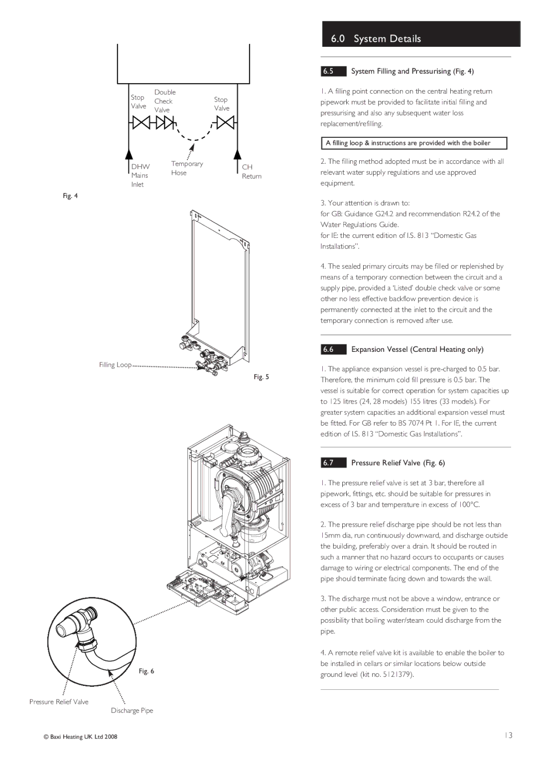 Baxi Potterton Gold HE A Range manual System Filling and Pressurising Fig, Expansion Vessel Central Heating only 