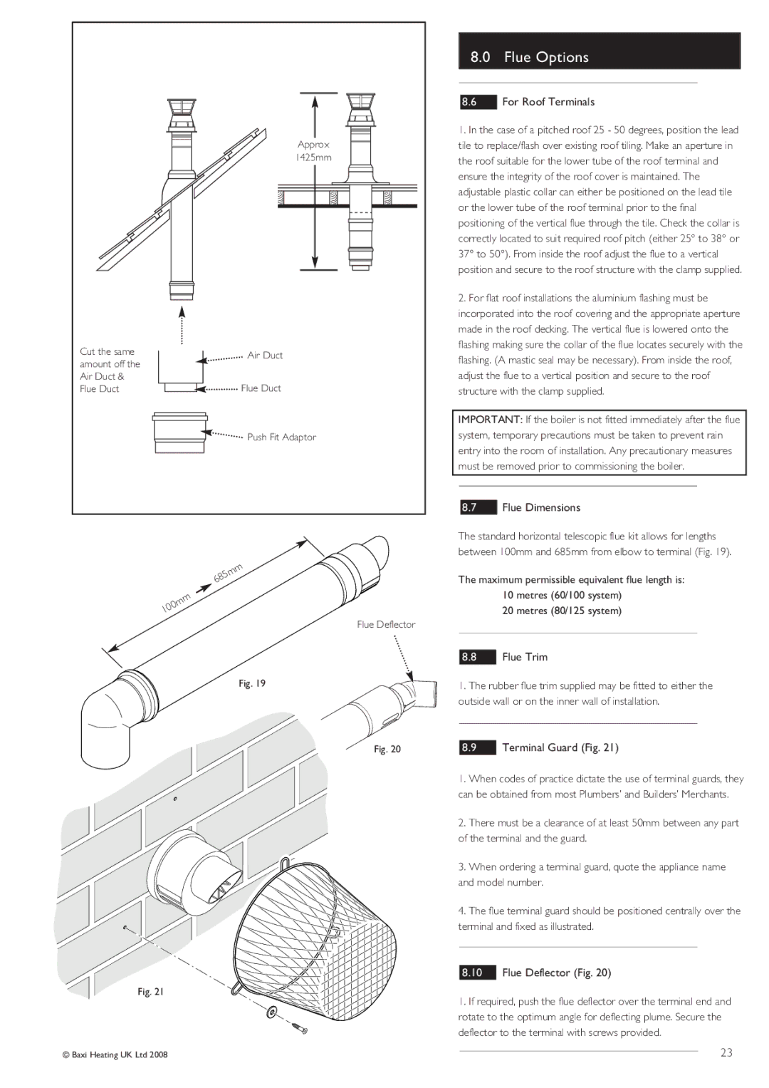 Baxi Potterton Gold HE A Range manual For Roof Terminals, Flue Dimensions, Flue Trim, Flue Deflector Fig 