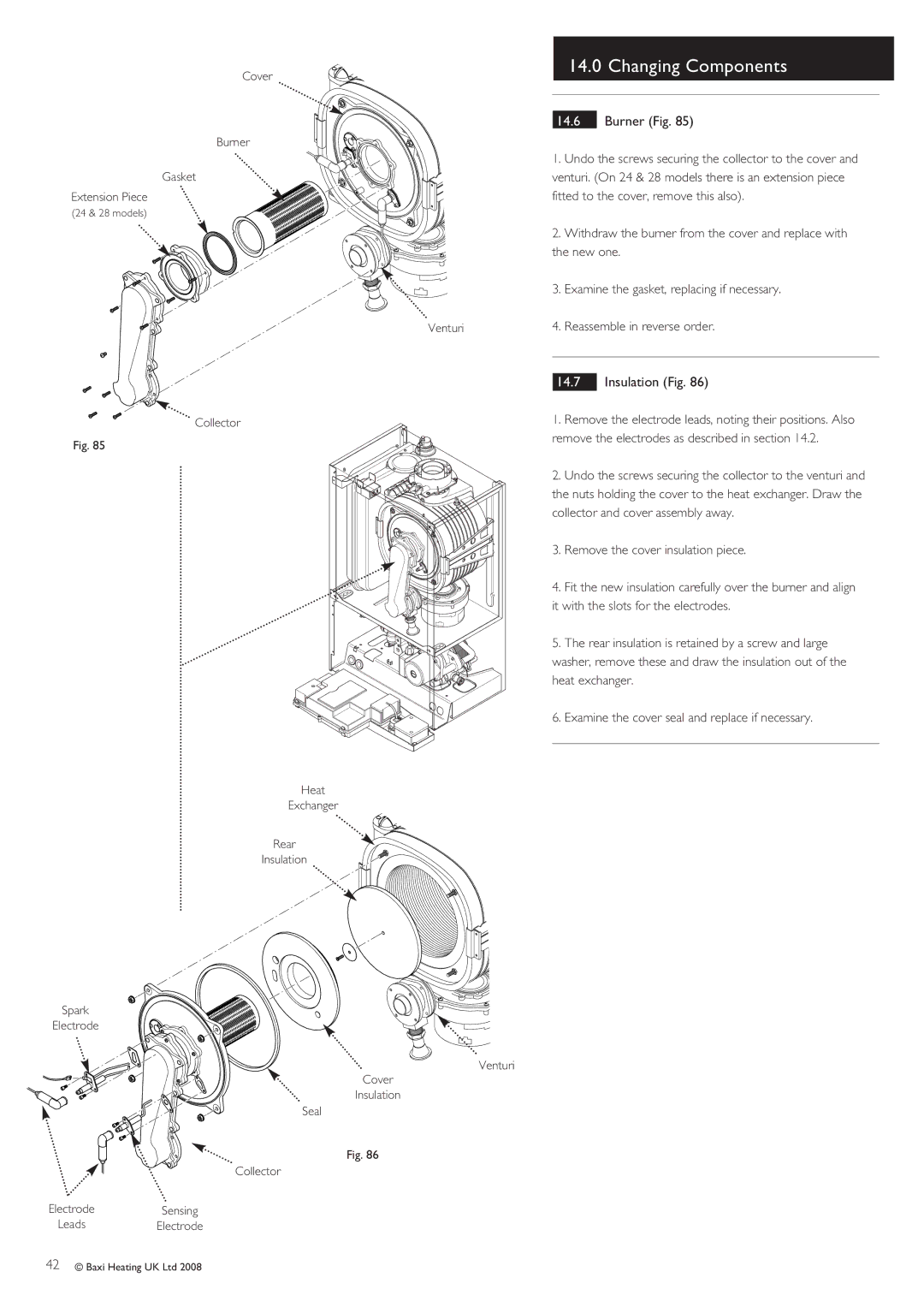 Baxi Potterton Gold HE A Range manual Burner Fig, Insulation Fig, Extension Piece 