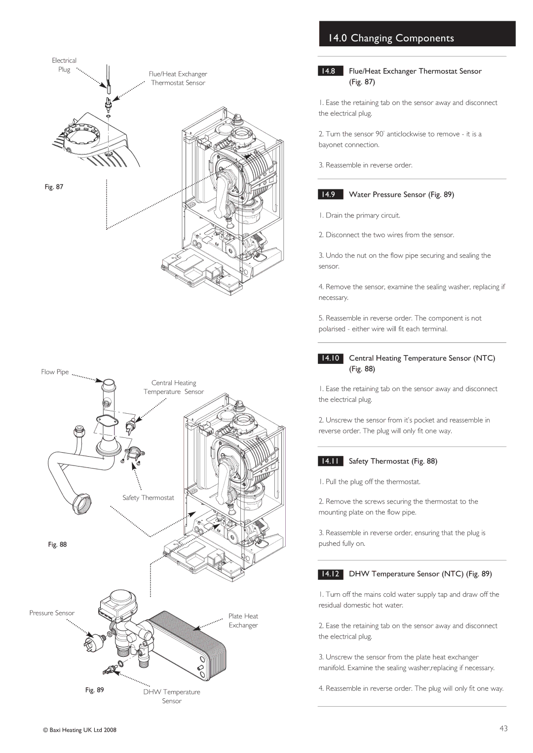 Baxi Potterton Gold HE A Range Flue/Heat Exchanger Thermostat Sensor Fig, Water Pressure Sensor Fig, Safety Thermostat Fig 