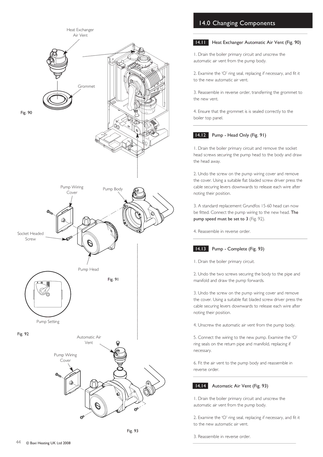 Baxi Potterton Gold HE A Range manual Heat Exchanger Automatic Air Vent Fig, Pump Head Only Fig, Pump Complete Fig 