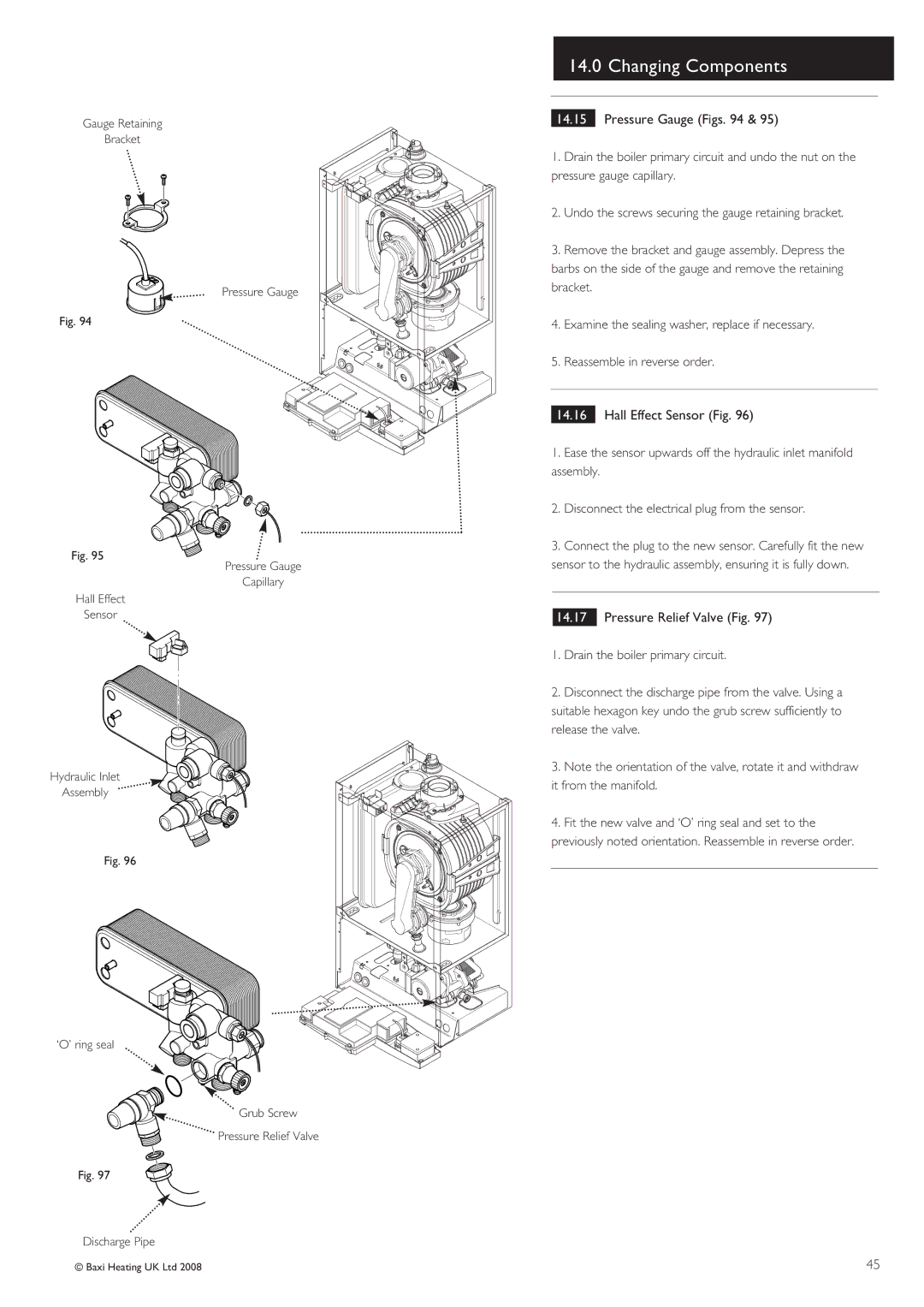 Baxi Potterton Gold HE A Range manual Pressure Gauge Figs, Hall Effect Sensor Fig 