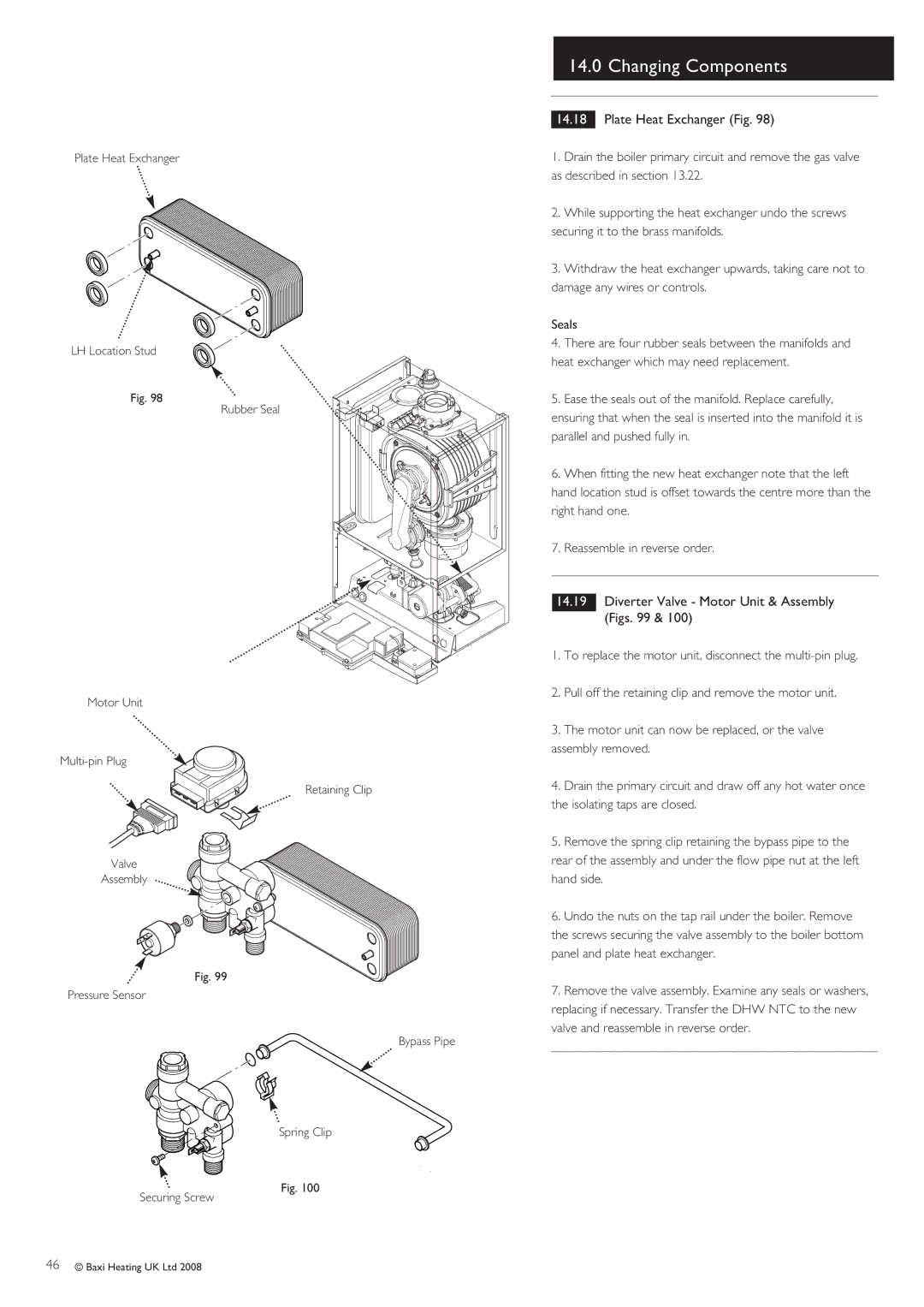 Baxi Potterton Gold HE A Range manual Plate Heat Exchanger Fig, Diverter Valve Motor Unit & Assembly Figs 