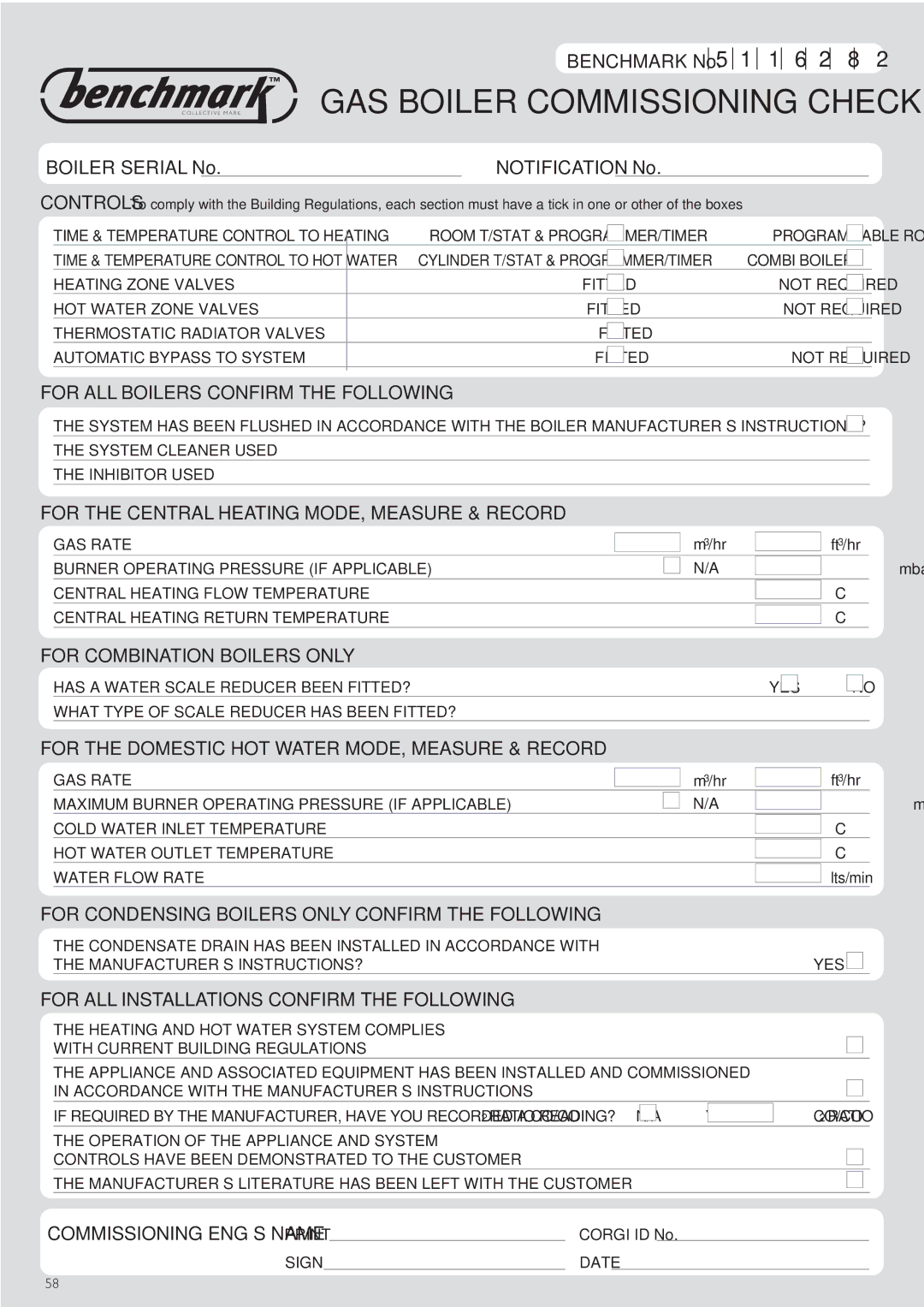 Baxi Potterton Gold HE A Range manual GAS Boiler Commissioning Checklist 