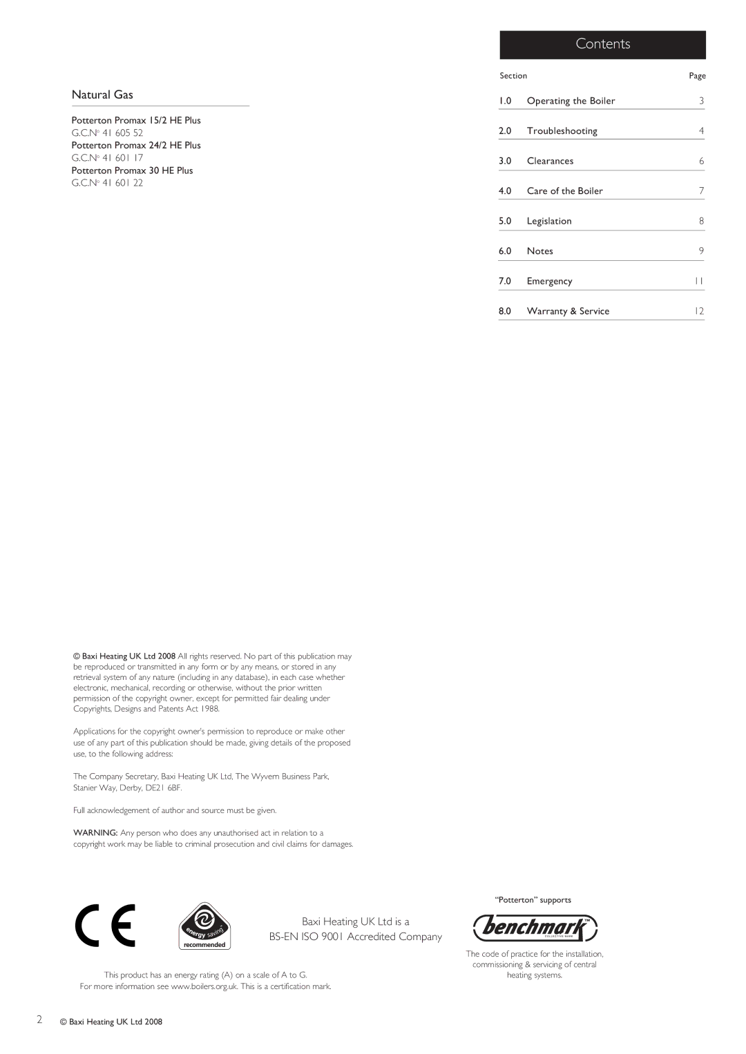 Baxi Potterton Promax 15/2 warranty Contents 