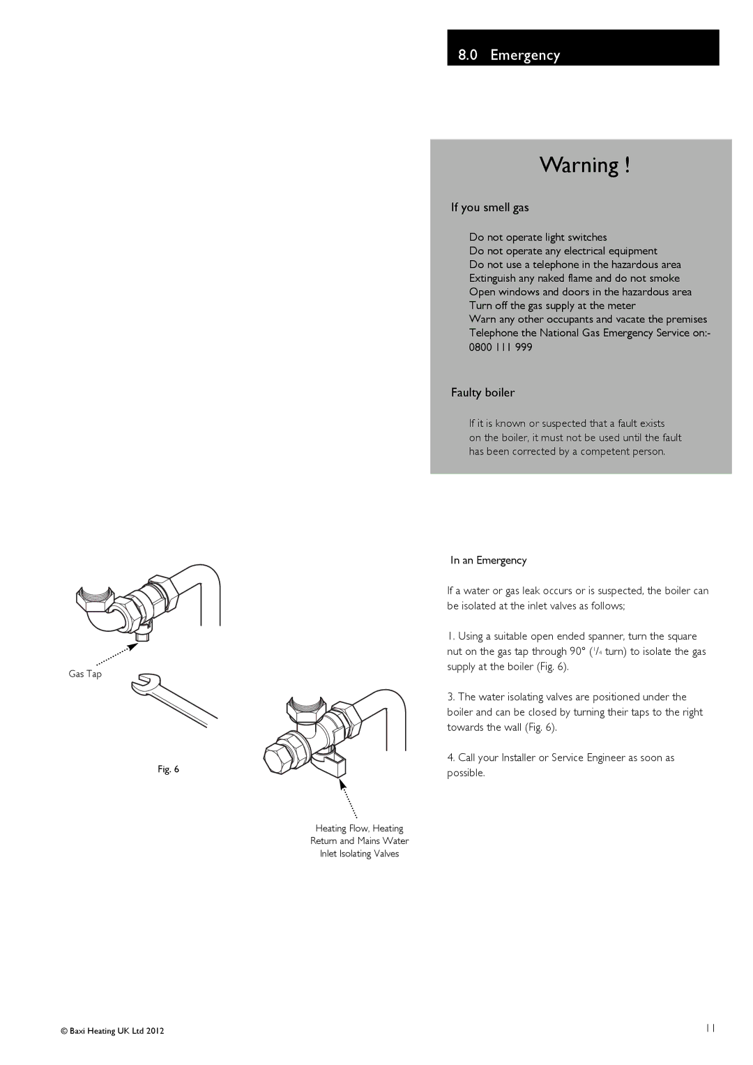 Baxi Potterton Promax Combi 24 HE Plus A warranty Emergency, If you smell gas, Faulty boiler 