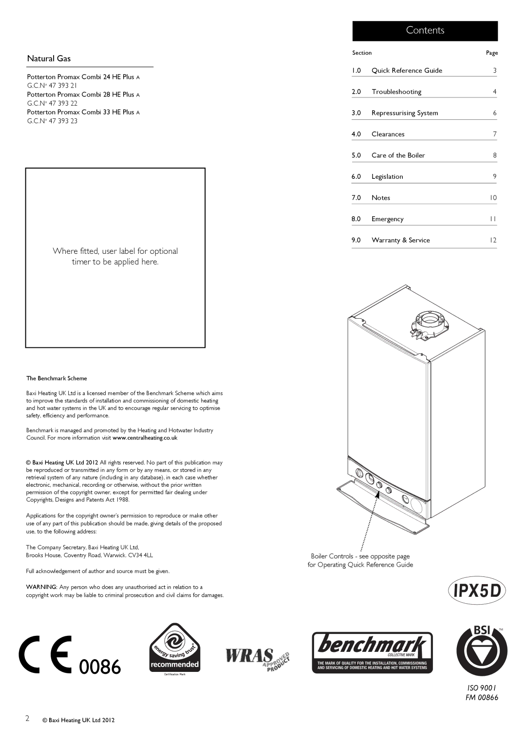 Baxi Potterton Promax Combi 24 HE Plus A warranty 0086, Contents 