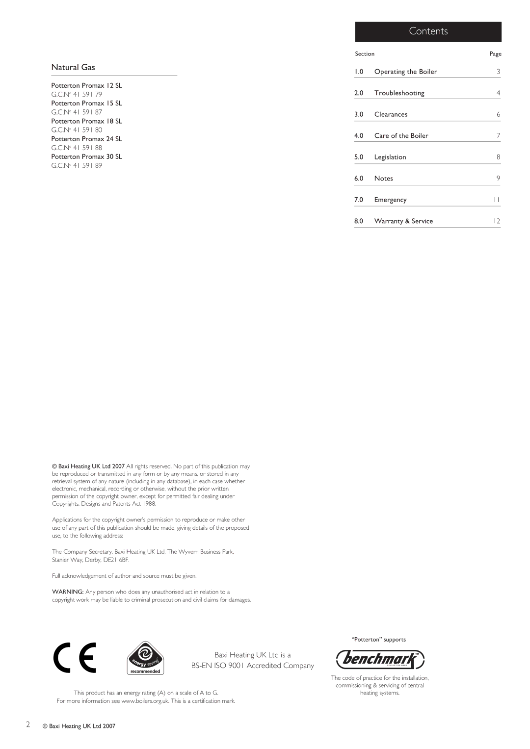 Baxi Potterton Promax SL warranty Contents 