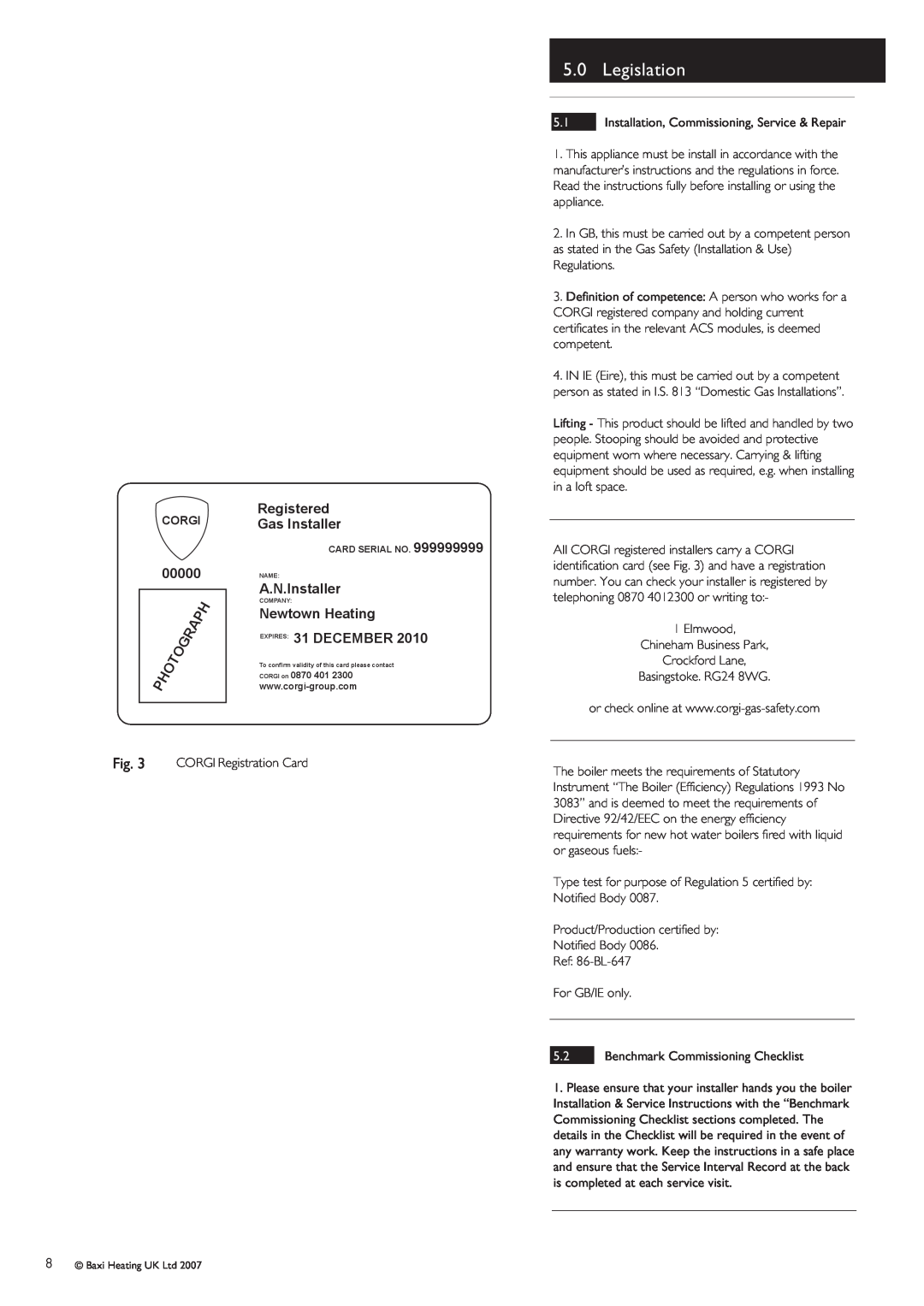 Baxi Potterton Promax SL warranty 5.0Legislation, Registered, Gas Installer, 00000, A.N.Installer, Newtown Heating 