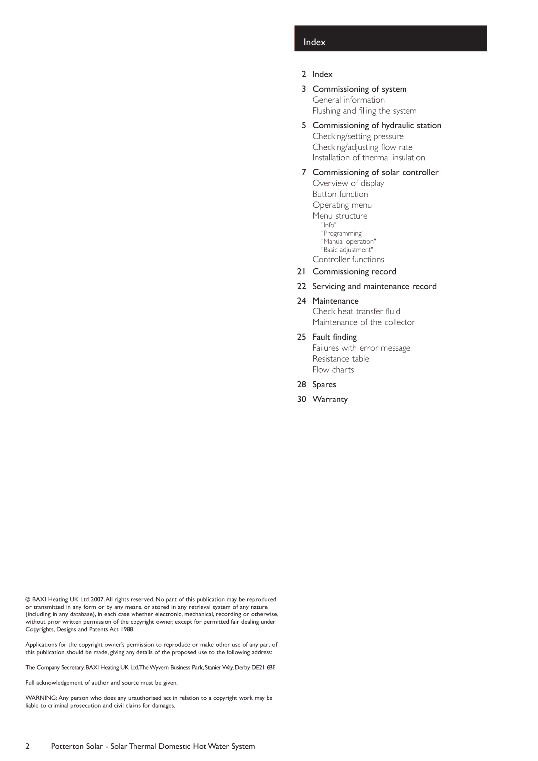 Baxi Potterton manual Index, Potterton Solar Solar Thermal Domestic Hot Water System 