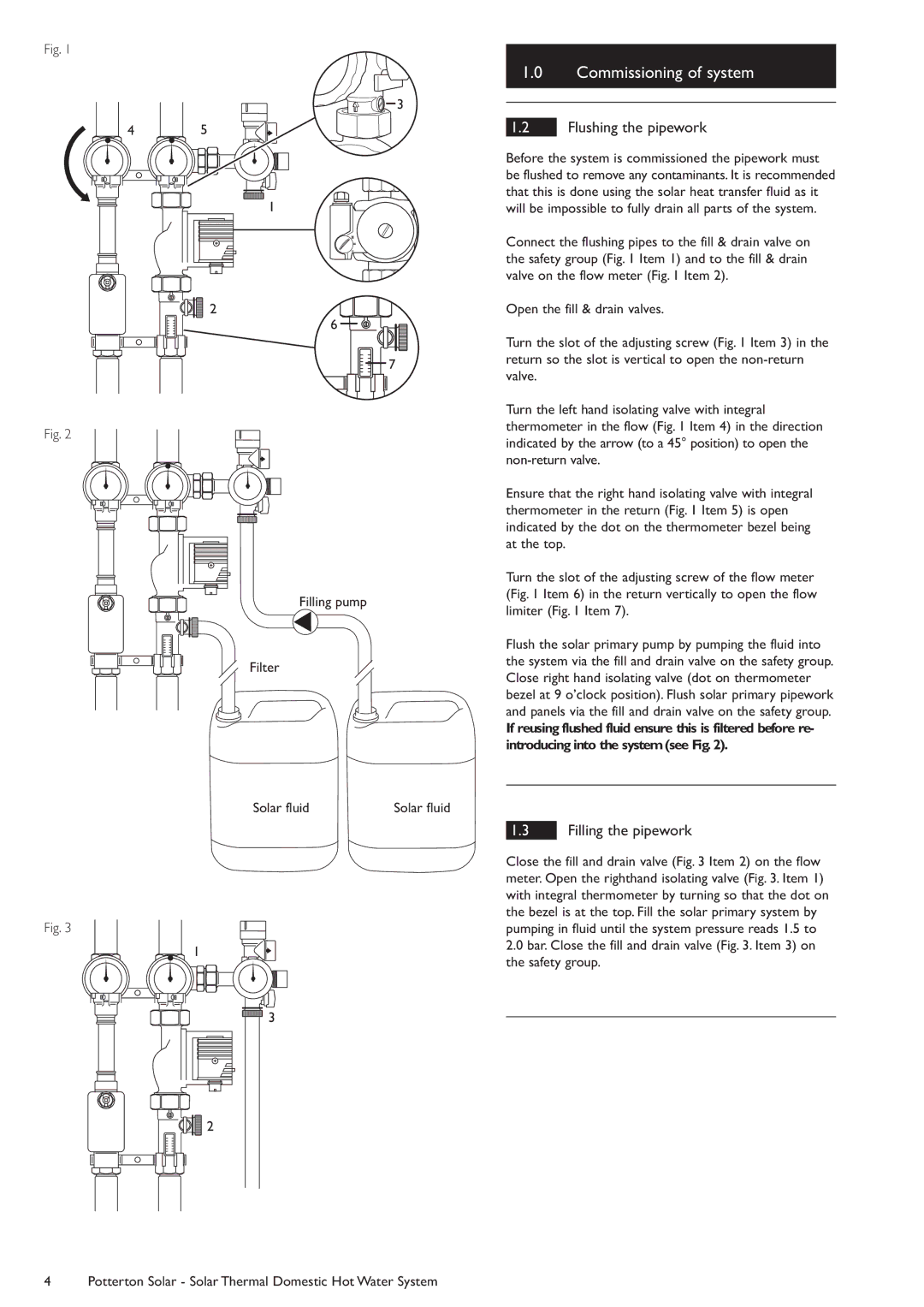 Baxi Potterton manual Flushing the pipework, Filling the pipework, Filling pump Filter Solar fluid 