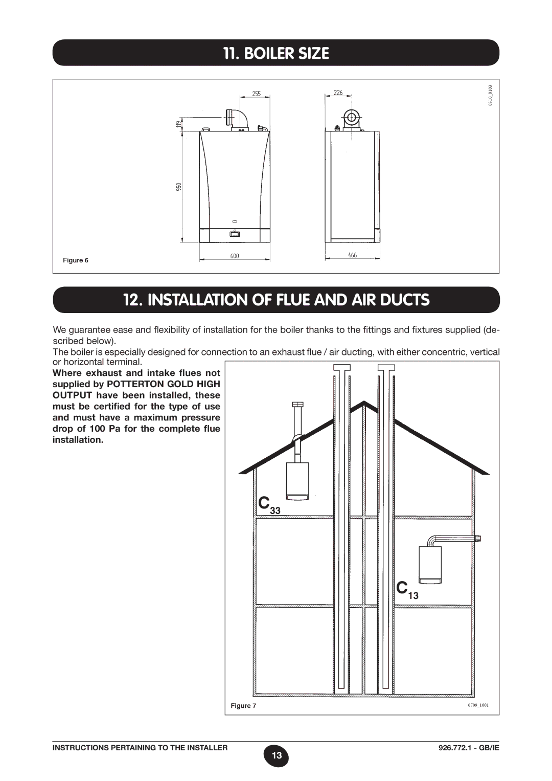 Baxi Potterton WH46, WH65 manual Boiler Size, Installation of Flue and AIR Ducts 