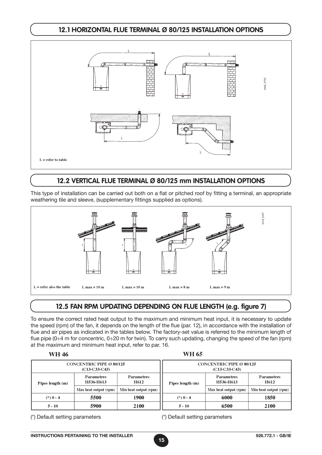 Baxi Potterton WH46, WH65 manual Horizontal Flue Terminal Ø 80/125 Installation Options 