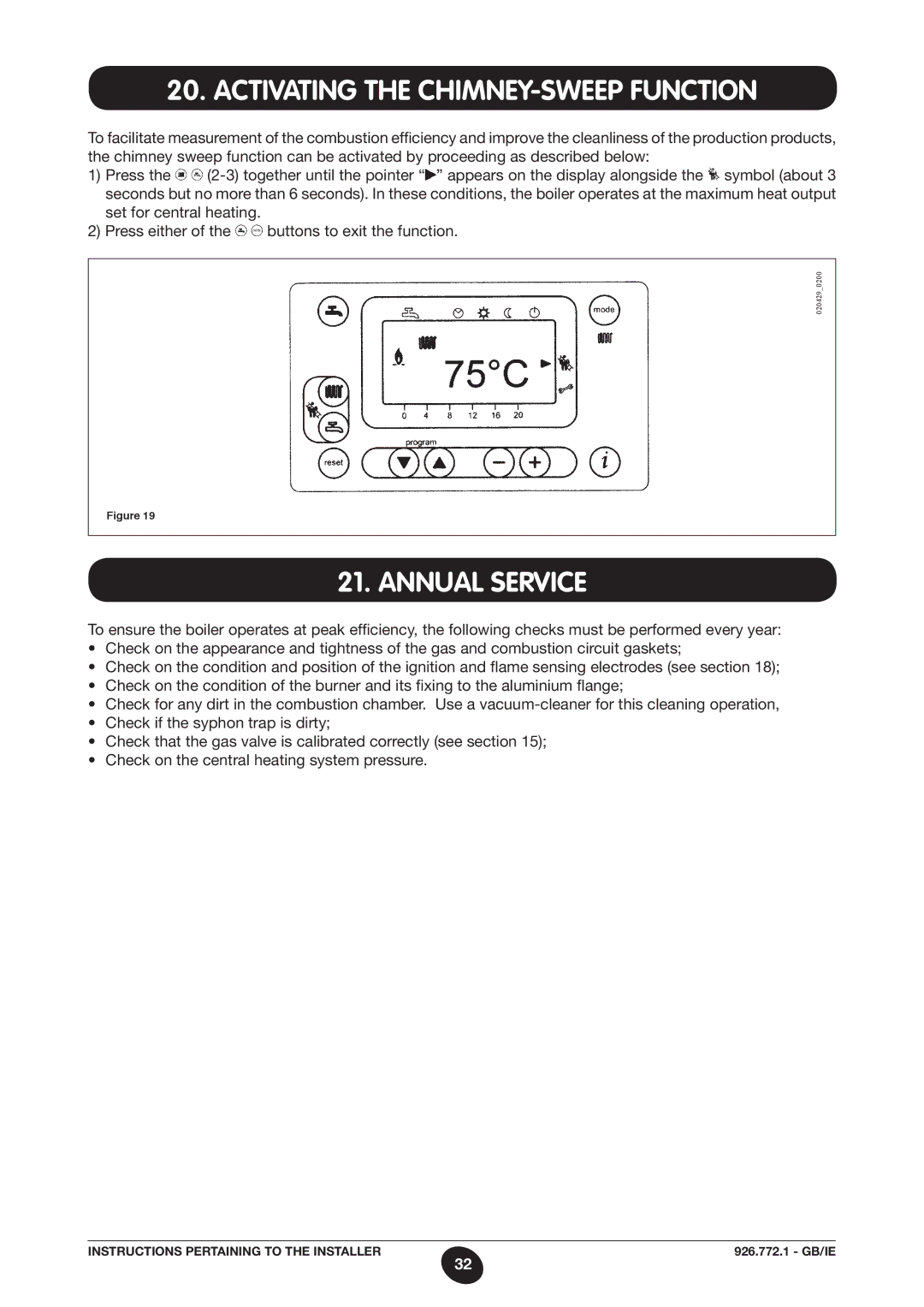 Baxi Potterton WH65, WH46 manual Activating the CHIMNEY-SWEEP Function, Annual Service 