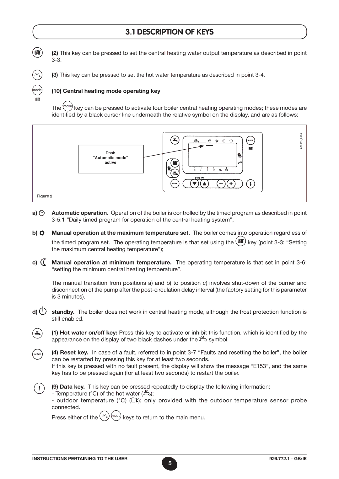 Baxi Potterton WH46, WH65 manual Description of Keys, Central heating mode operating key 