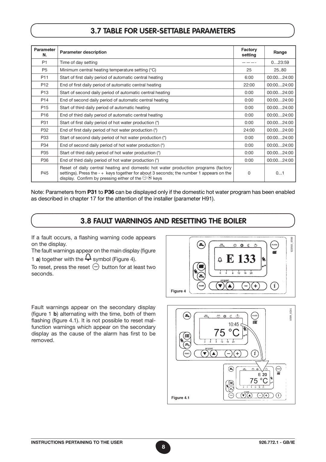 Baxi Potterton WH65, WH46 manual Table for USER-SETTABLE Parameters, Fault Warnings and Resetting the Boiler 