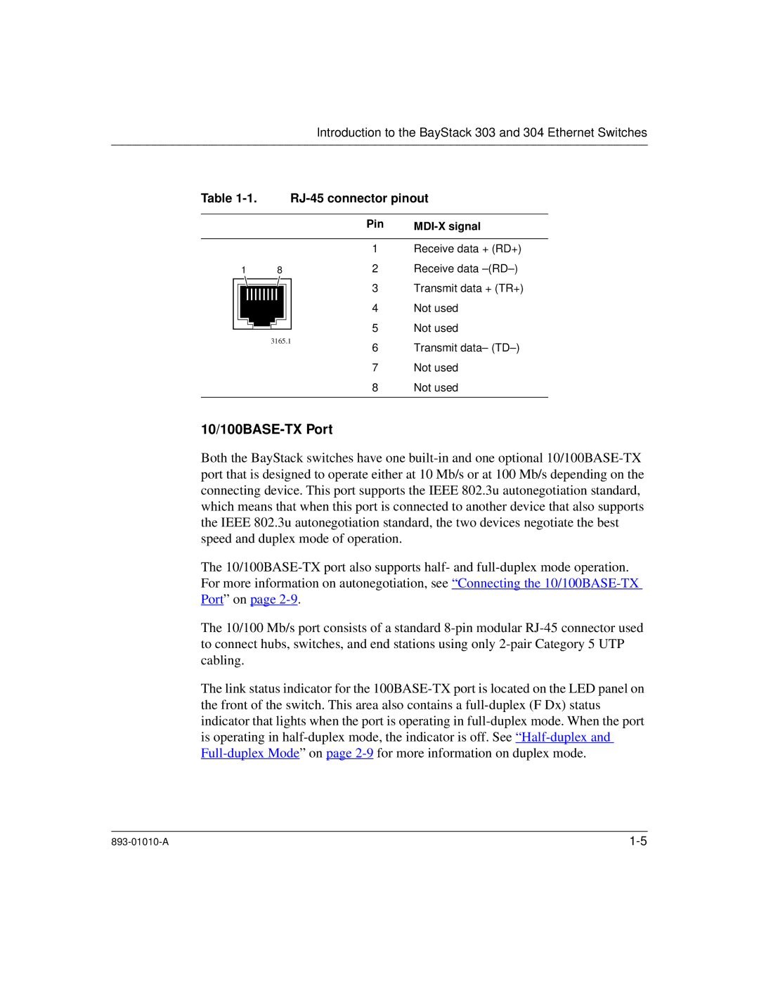 Bay Technical Associates 303, 304 manual 10/100BASE-TX Port, RJ-45 connector pinout, Pin MDI-X signal 