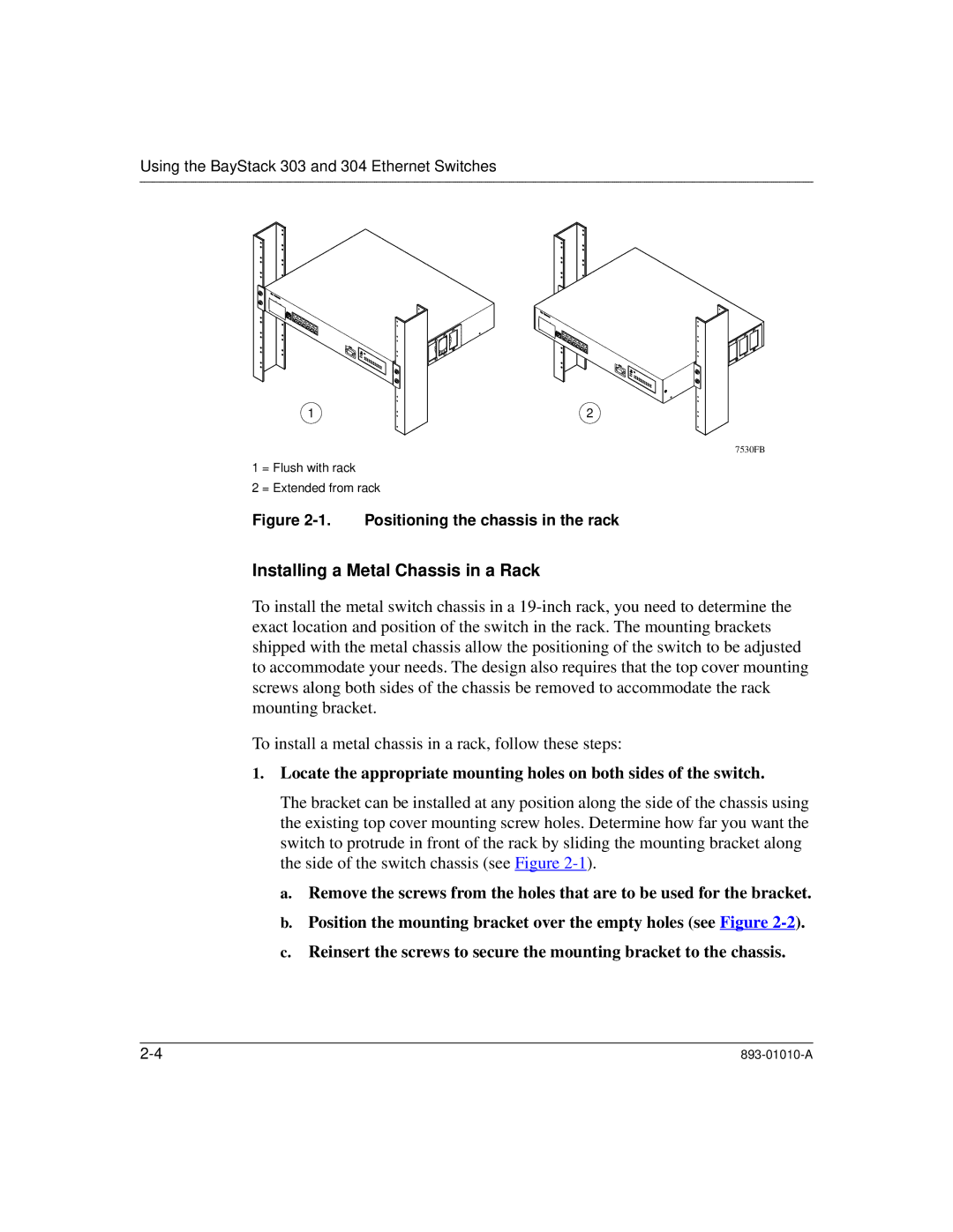 Bay Technical Associates 304, 303 manual Installing a Metal Chassis in a Rack, Positioning the chassis in the rack 