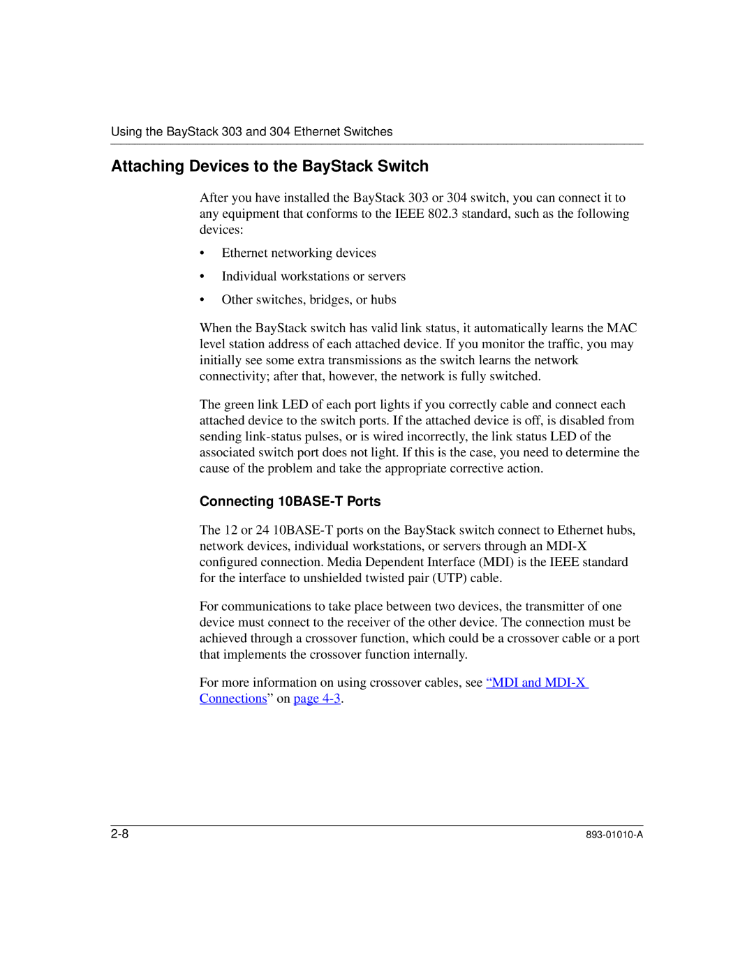 Bay Technical Associates 304, 303 manual Attaching Devices to the BayStack Switch, Connecting 10BASE-T Ports 