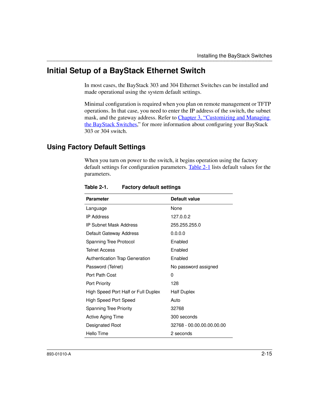 Bay Technical Associates 303, 304 manual Initial Setup of a BayStack Ethernet Switch, Using Factory Default Settings 